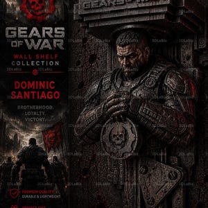 以下が含まれることがあります： Dominic SantiagoをフィーチャーしたGears of Warウォールシェルフコレクション。ゲームのロゴ、スカルエンブレム、そして「Brotherhood. Loyalty. Victory.」のテキストが描かれた詳細なイラストです。デザインは暗く、ざらざらしています。