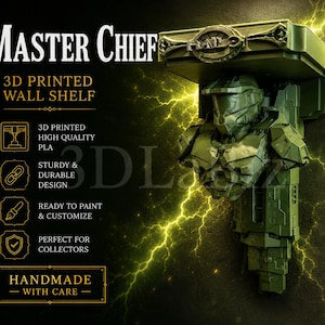 May include: A green 3D-printed wall shelf featuring a Master Chief bust from the Halo video game series. The shelf is designed to be sturdy and durable, ready to paint and customize. The text on the shelf reads "MASTER CHIEF" and "3D PRINTED WALL SHELF".