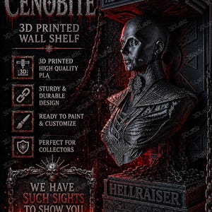 Può includere: Una mensola da parete stampata in 3D con un busto dettagliato di Lady Cenobite di Hellraiser. La scultura nera è pronta per essere dipinta e personalizzata, perfetta per i collezionisti. L'immagine include il testo "We have such sights to show you."