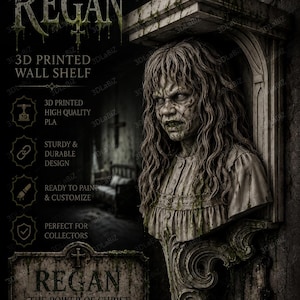 Peut inclure: Étagère murale imprimée en 3D avec un buste détaillé de Regan de L'Exorciste. Le design comprend le nom "REGAN" en police gothique, avec du texte indiquant qu'elle est imprimée en 3D, de haute qualité et prête à être peinte. Pour collectionneurs.