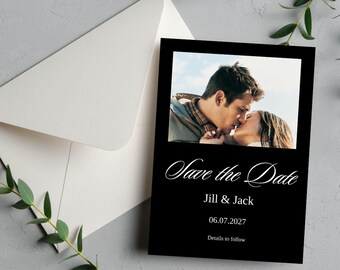 Black Modern Minimalist Save the Date Template, Vertical Photo Invite, Canva Editable, Instant Download