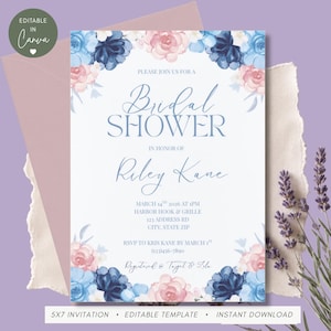 May include: A rectangular bridal shower invitation template featuring watercolor floral illustrations in shades of navy blue, light blue, and soft pink. The text includes "Please join us for a bridal shower in honor of Riley Kane" with event details.