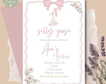Inbjudan till Silly Gooses 1-årsdag | Rosa blommor, redigerbar (digital nedladdning)