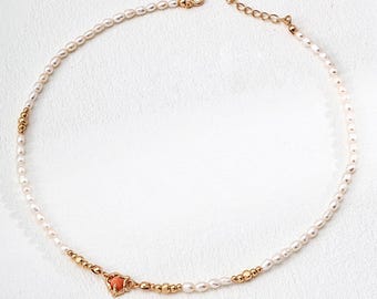 Natural Freshwater Pearl Choker with Coral Heart Charm 14k Vintage Gold Plated Dainty Necklace