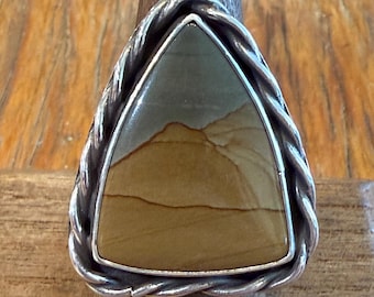 Lover handgemaakte Owyhee landschapsjaspis sterlingzilveren ring - maat 8