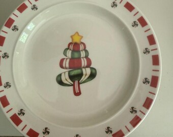 Holiday Moments Candy Snowman Bread & Butter Plates –Set of 6 –Vintage Snowman Carrying Candy Cane/ Tree Dinnerware –Christmas Entertaining