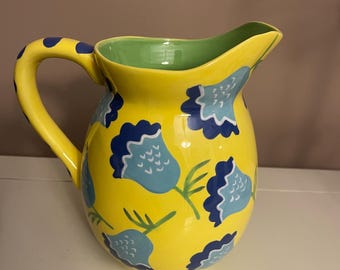 Ceramic Water Pitcher, Blue Tulips, Cottage Decor, Kimberly Hodges
