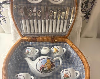 Vintage Disney Winnie the Pooh Miniature Tea Set in Wicker Picnic Basket, Childrdns Tea set