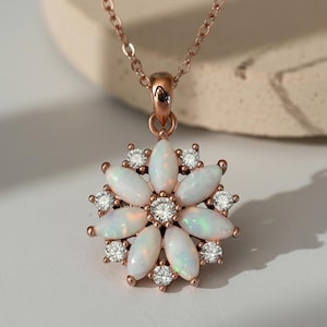 Opal Necklace, Moissanite Flower Necklace Dainty Accents, Rose Gold Birdal Daisy Pendant