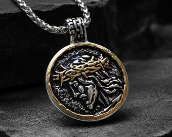 Cross Jesus Necklace Crown of Thorn Cross Pendant - Christian Gift Jewelry Medallion for Men
