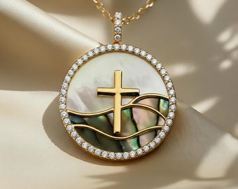 Zarte Kreuzkette – 18 Karat Gold über 925er Silber, christliches Geschenk für Mutter, Ehefrau – Moissanit-Kreuz-Halo, Perle & Abalone