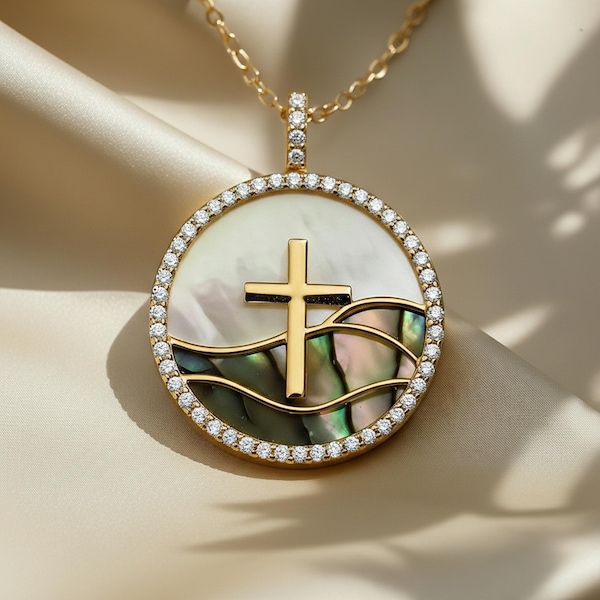 Dainty Cross Necklace – 18kt Gold Over 925 Silver, Christian Gift for Mom, Wife - Moissanite Cross Halo, Pearl & Abalone