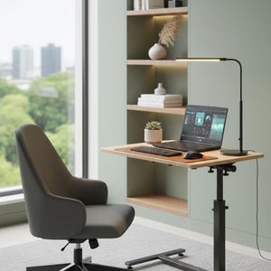 Puede incluir: Una moderna configuración de oficina en casa con un escritorio regulable en altura con un portátil, teclado y ratón. Una lámpara de escritorio negra ilumina el espacio de trabajo. Una silla de oficina gris está sobre una alfombra gris. Estanterías con libros y decoración al fondo.