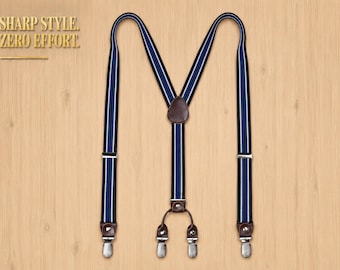 Men's Striped Y-Back Suspenders | British Style Adjustable Braces, Metal Clip Accessory