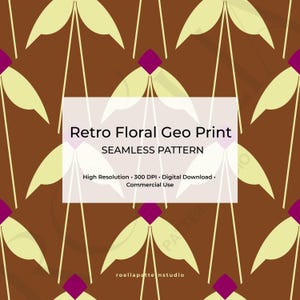 May include: A seamless pattern featuring a retro floral geo print. The design includes stylized cream-colored flower shapes with purple centers and thin, light brown stems, set against a dark brown background. The text "Retro Floral Geo Print" is displayed.