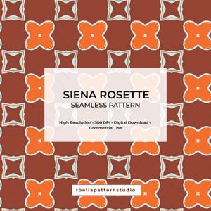 Può includere: Un motivo continuo con rosette arancioni e azzurre ripetute su uno sfondo rosso scuro. Il testo riporta SIENA ROSETTE SEAMLESS PATTERN, High Resolution, 300 DPI, Digital Download, Commercial Use e roeliapatternstudio.