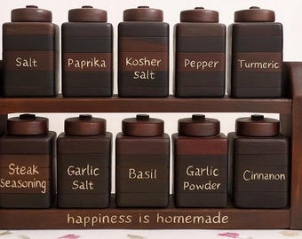 Wooden Handmade Pine Wood Spice Rack and Jars: Kitchen Organizer
