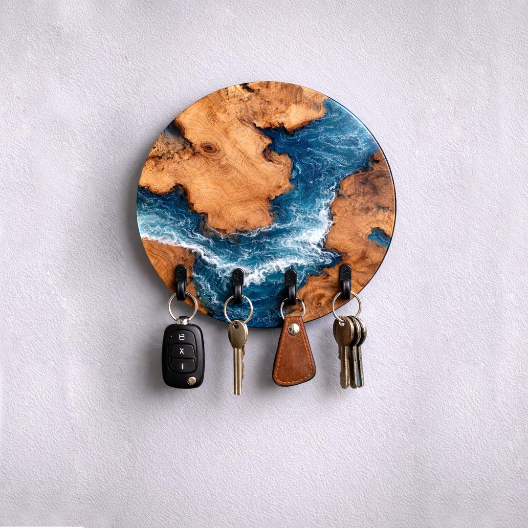 Handmade Epoxy Resin Wood Key Holder | Ocean Style Wooden Key Rack ...