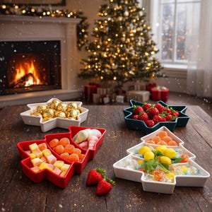 Peut inclure: Une composition festive de plats de service sur le thème de Noël remplis de friandises. Le plat en forme d'étoile contient des bonbons dorés, tandis que les plats en forme d'arbre contiennent des bonbons colorés et des fraises fraîches. La scène se déroule sur une table en bois avec un sapin de Noël et une cheminée en arrière-plan.