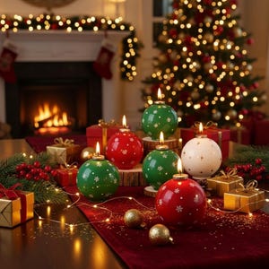 May include: A festive Christmas scene featuring lit, round candles in red, green, and white, adorned with snowflake and star patterns. The candles sit on a table with gifts, ornaments, and a Christmas tree in the background. A fireplace glows in the background.