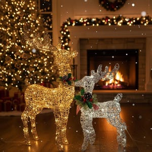 Peut inclure: Deux décorations de rennes en fil métallique illuminées. L'une est dorée, l'autre argentée. Les deux ont des bois et sont ornées de fausse verdure et de baies. Les rennes sont éclairés par de petites lumières blanches, créant un affichage festif.