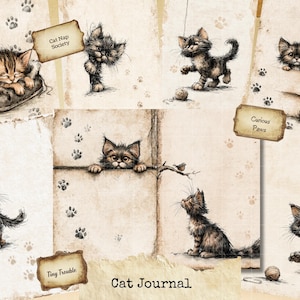 Könnte beinhalten: Eine Sammlung von Papierbögen im Vintage-Stil mit Illustrationen von Kätzchen in verschiedenen Posen, darunter schlafend, mit Garn spielend und aus Kartons hervorschauend. Textetiketten umfassen Cat Nap Society, Curious Paws, Tiny Trouble und Cat Journal.