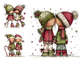 May include: A digital illustration featuring three pairs of characters in winter attire, including hats, scarves, and coats in shades of red, green, and white. The characters are depicted with heart motifs and falling snow, with one pair wearing ice skates.