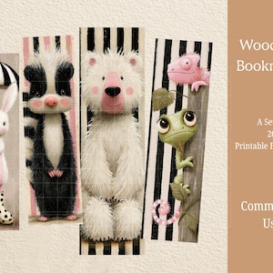 Op de afbeelding: Een set printbare bladwijzers met illustraties van een wit konijn met een paraplu, een zwart-wit stinkdier, een witte beer en een groene kameleon. De tekst luidt Woodland Bookmarks, A Set of 20 Printable Bookmarks, Commercial Use.