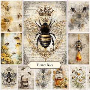 May include: A collage of vintage-style illustrations featuring honey bees. The images showcase bees with crowns, honeycombs, and floral elements. The text "Honey Bees" is displayed on a banner. The color palette includes gold, black, and cream.
