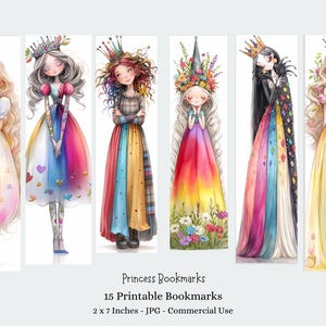 Puede incluir: Juego de 15 marcadores de princesas imprimibles. Cada marcador presenta una ilustración de acuarela de una princesa con un vestido y una corona coloridos. Los marcadores miden 5,08 x 17,78 cm. El texto "Princess Bookmarks" se muestra en la parte inferior.