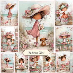 May include: A digital art collage featuring multiple illustrations of girls in pink dresses and wide-brimmed hats, often accompanied by books, bicycles, and small dogs in beach or library settings, with the text Summer Girls centered at the bottom.