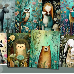 May include: A collection of whimsical art prints featuring woodland creatures. The prints showcase a moose, owl, raccoon, hedgehog, bear, deer, girl with a goose, and a bunny with a baby bunny, all set against a backdrop of lush foliage and flowers.