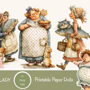 Cat Lady, Old Grandma and Cats Printables - 21 Paper Dolls - Digital Scrapbook  - Digital Download
