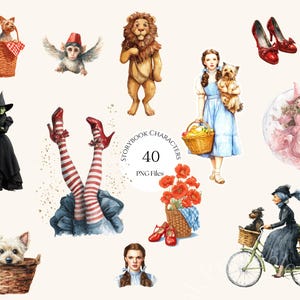 Könnte beinhalten: Aquarellillustrationen von Charakteren aus Der Zauberer von Oz, darunter Dorothy, der Feige Löwe, die böse Hexe und der Blechmann. Das Bild zeigt auch rote Schuhe, einen Korb mit Mohnblumen und den Text "Storybook Characters 40 PNG Files."