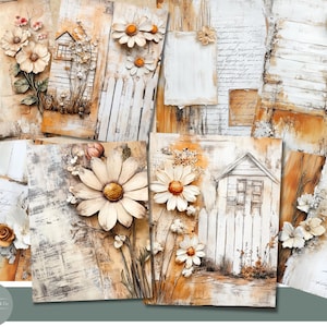 May include: A collection of mixed media art pieces featuring a rustic, vintage aesthetic. The artwork includes images of daisies, small houses, and handwritten script on distressed wood and paper backgrounds. The color palette is primarily cream, brown, and white.