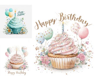 Birthday Watercolour Clipart: 14 JPGs watercolour printable -Digital Download Cup Cakes