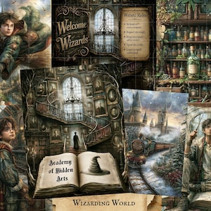 Pode incluir: Uma colagem de ilustrações de fantasia apresentando um jovem bruxo voando em uma vassoura, uma biblioteca com uma grande escadaria, prateleiras de poções, um trem a vapor em uma paisagem nevada e um livro aberto intitulado Academy of Hidden Arts.