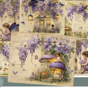 May include: A collage of whimsical illustrations featuring fairies, wisteria, and butterflies. The artwork has a vintage aesthetic with soft colors, including purple, lavender, and cream. Scenes include fairies near mushroom houses, swings, and lanterns, creating a magical, fairytale theme.