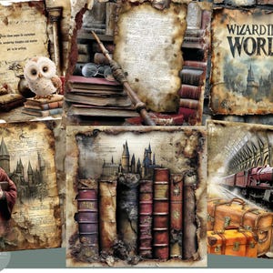 Puede incluir: Un collage de ilustraciones de estilo vintage con temática de fantasía. Incluye un tren, libros, una varita mágica, un búho y una persona con una túnica roja. El texto "WIZARDING WORLD" es visible.