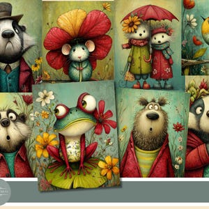 May include: A collection of whimsical art prints featuring anthropomorphic animals in vibrant colors. The prints showcase a badger in a suit, a mouse under a flower, and a frog with flowers. Other prints include a bird, and two hedgehog-like creatures under an umbrella.