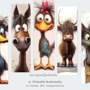 May include: Set of five whimsical farm animal bookmarks. Each bookmark features a different cartoon animal: a duck, horse, rooster, bull, and cat. The bookmarks are approximately 2 x 7 inches in size. The text "Farm Animal Bookmarks" is displayed.