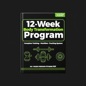 Peut inclure: Une couverture de livre noire avec le titre "12-Week Body Transformation Program" en blanc et vert. La couverture comprend des illustrations d'haltères, d'un sablier et d'une roue. Le texte "Complete Training - Nutrition - Tracking System" est également visible.