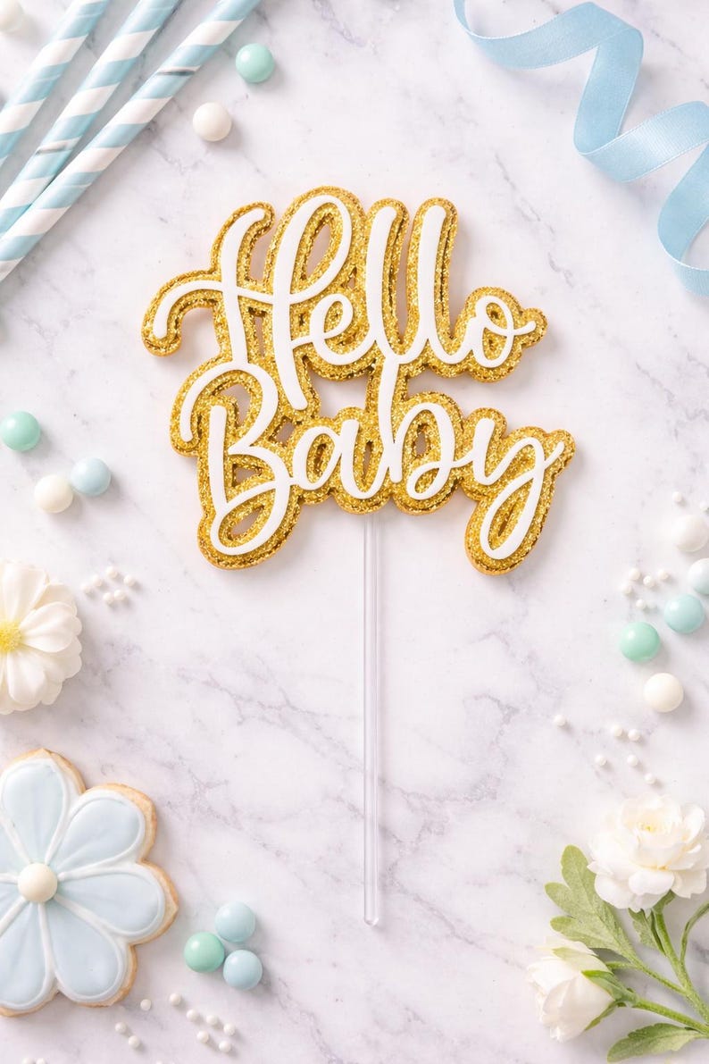 Hello Baby Cake Topper – Gold Glitter Baby Shower Cake Topper, Gender ...