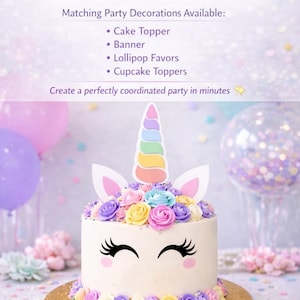 Unicorn Cake Topper – Pastel Rainbow Horn, Ears, Lashes – Birthday Party Decoration