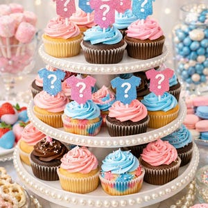 May include: A tiered dessert stand holds cupcakes with pink and blue frosting. Each cupcake is topped with a glittery onesie-shaped pick with a question mark. Other treats like cake pops and candies are in the background, suggesting a gender reveal party.