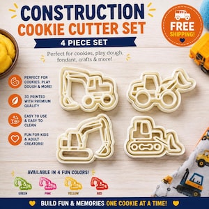 May include: A 4-piece construction cookie cutter set featuring off-white plastic molds in the shapes of an excavator, a loader, a backhoe, and a bulldozer. The set includes text labels for construction cookie cutter set, 4 piece set, and color options.
