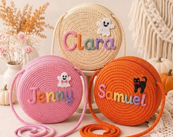 Personalized Halloween Crochet Bag, Custom Name Crossbody, Kids Halloween Costume Accessory, Cute Bat, Cat, Ghost Embroidery, Toddler Gift