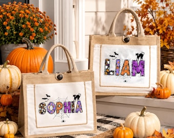 Personalized Halloween Jute Tote Bag, Custom Name Trick or Treat Candy Bag, Cute Pumpkin Patch Halloween Gift Bag for Kids