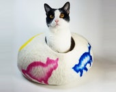 Cat Cave Bed Large by Walking Palm - Dancing Cats - ships now from usa Cat Bed Pet Bed Hand Felted Wool