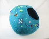 Cat Cave Bed Large by Walking Palm - Starry Nights - ships now from usa Cat Bed Pet Bed Hand Felted Wool